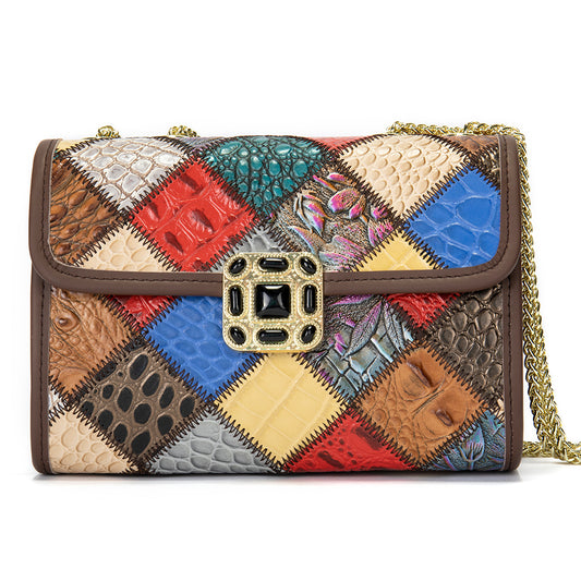 Luxury Leather Patchwork Shoulder Bag with Gold Chain Strap
