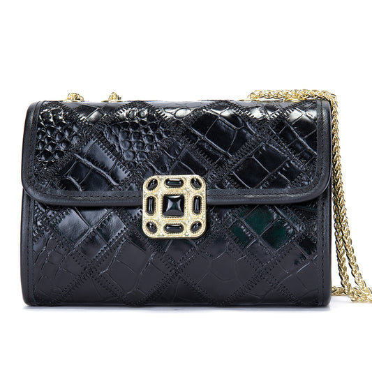 Luxury Black Leather Patchwork Shoulder Bag with Gold Chain Strap
