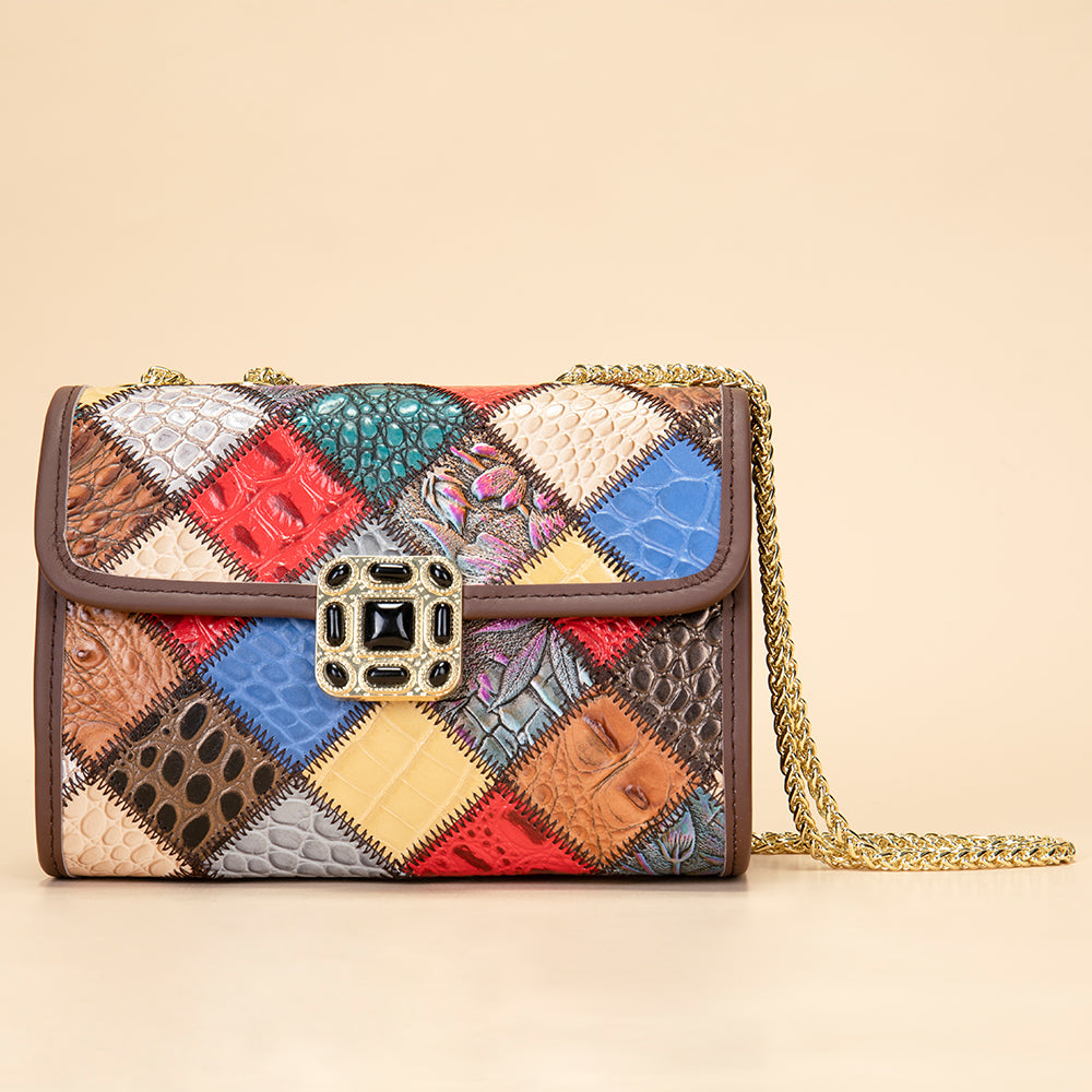 Luxury Leather Patchwork Shoulder Bag with Gold Chain Strap