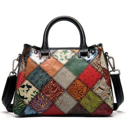 Leather Patchwork Brown Patterned Shoulder Bag - Stylish Fashion Accessory with Adjustable Strap