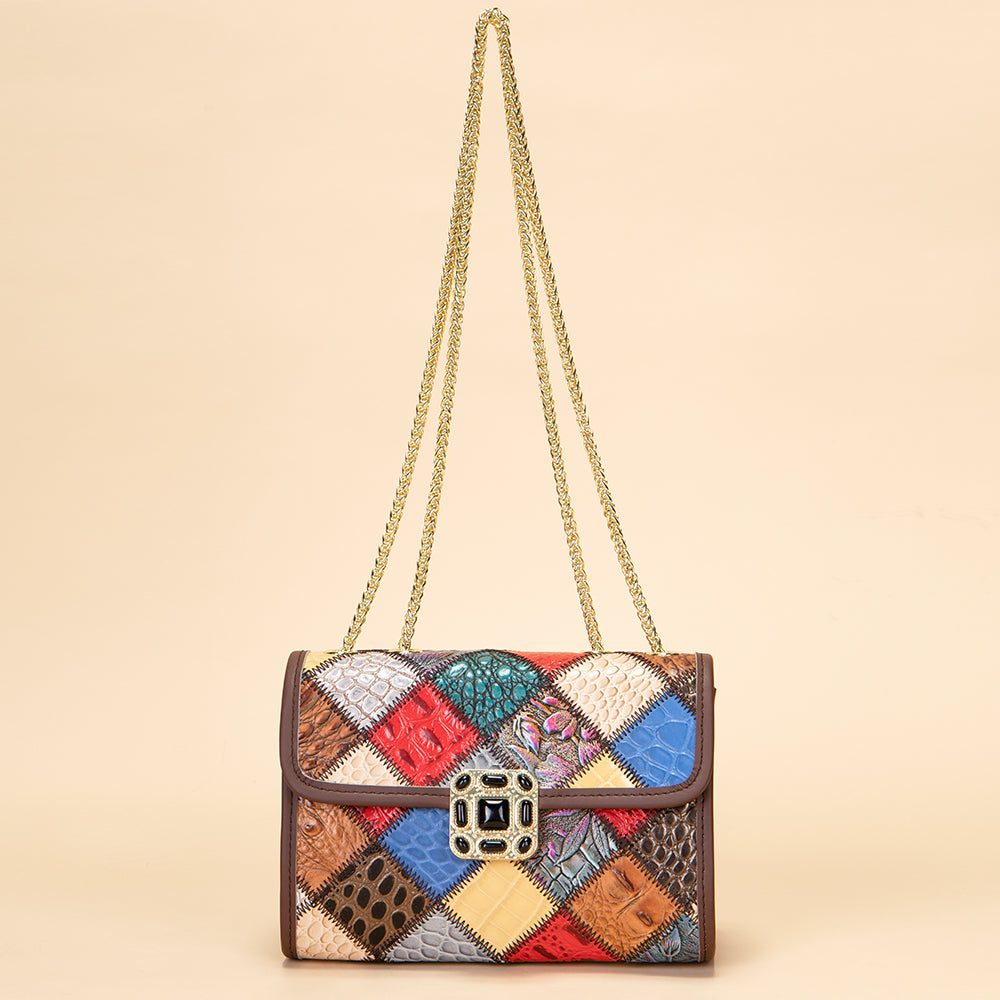 Luxury Leather Patchwork Shoulder Bag with Gold Chain Strap